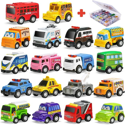 18 Pack Assorted Pull Back Car Toys For Kid With Storage Organizer Box, Mini Model Vehicle Set with Display Case For Child Toddler, Small Play Truck Bulk for Boy And Girl Party Favors, Birthday Gift