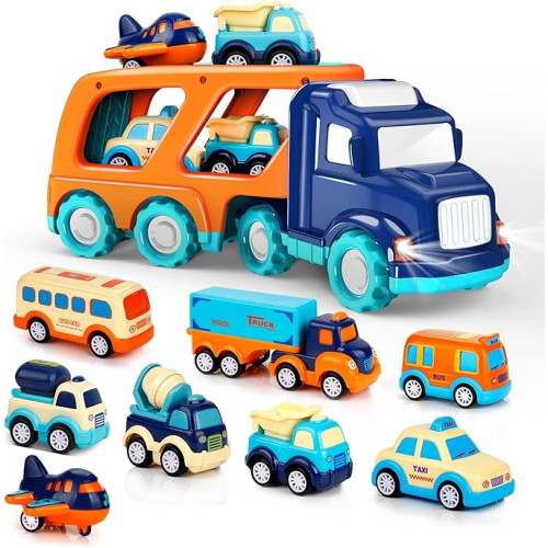 9 Pack Cars Toys for 2 3 4 5 Years Old Toddlers Boys & Girls Gift, Big Transport Truck with 8 Small Cute Pull Back Trucks, Carrier Truck with Sound & Light 13.5 * 5.5 inch, 2.5 * 1.6 inch